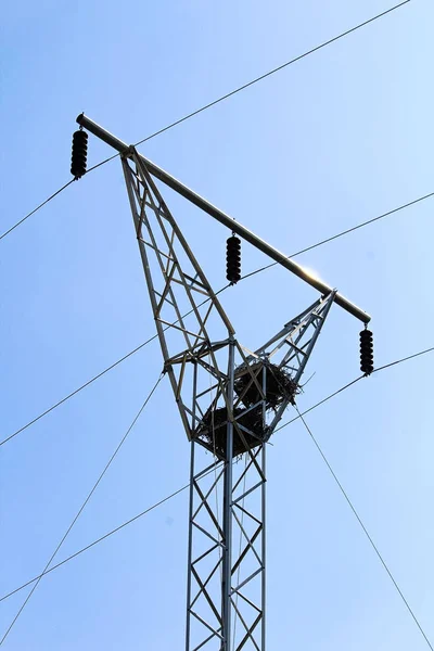 Two raven nests at the top of a power pole tower