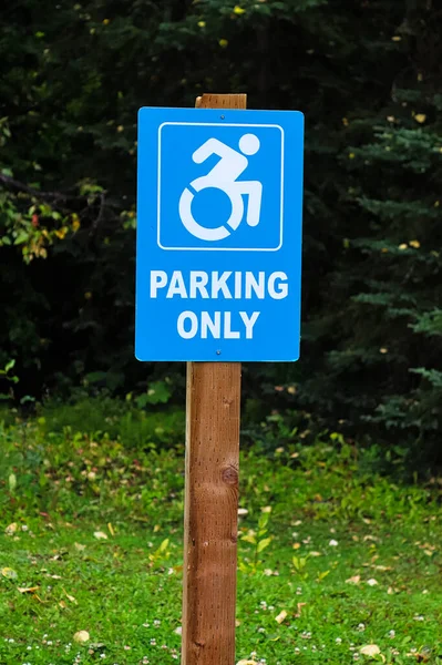 Ein blaues Behindertenparkplatzschild nur an einem Pfosten — Stockfoto