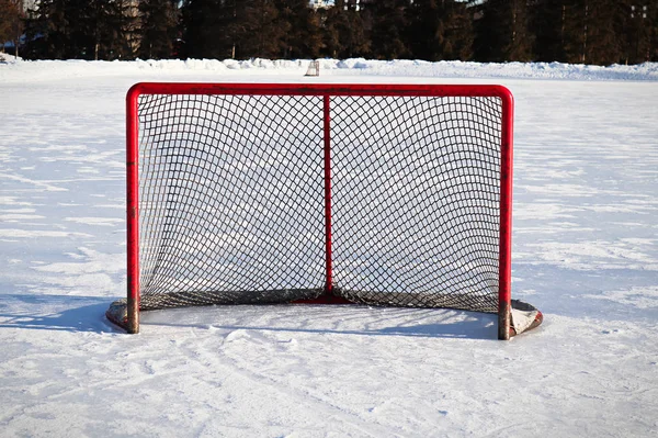 Views of a hockey net on an outdoor rink — Stock Photo, Image