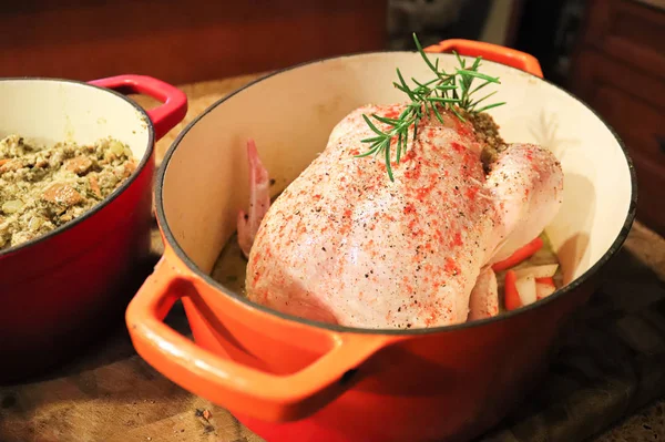 Closeup of a raw chicken and stuffing in a pot — ストック写真