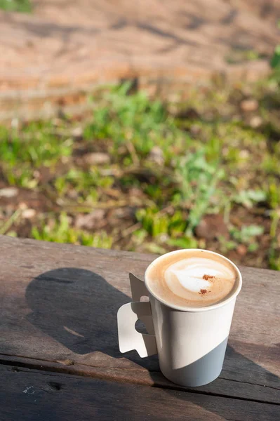 B bulanık bahçeli ahşap masa sabahı sıcak kahve — Stok fotoğraf