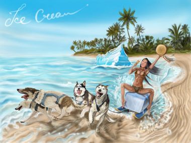 Kız sahilde dondurma ile. Husky köpekleri, buz, deniz, plaj, dondurma, tropikal.