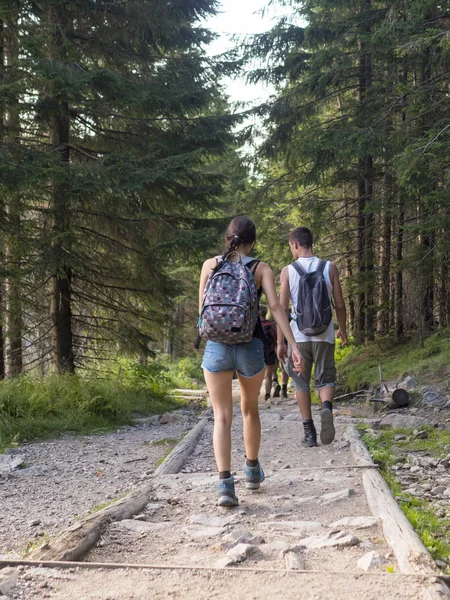 Dağlarda yolda insanlar sırt çantaları ile gider.