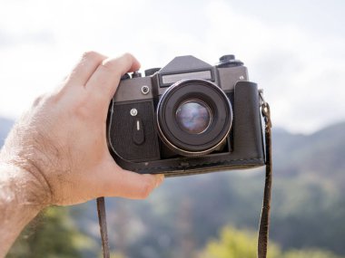 Selfie film. Film kamerası. Analog fotoğraf.