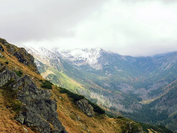 Herfst in de bergen. Sneeuw op de toppen, heldere kleuren van de bomen — Stockfoto