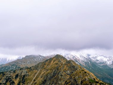 Sonbahar dağlarda. En fazla kar, ağaçlar parlak renkler