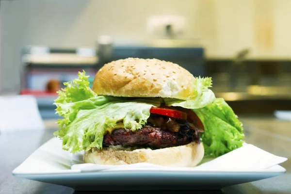 Burger z określonymi na talerzu — Zdjęcie stockowe