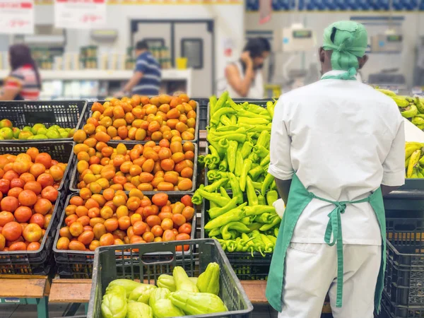 Supermarket, vegetables, peppers, tomatoes, seller, shopping