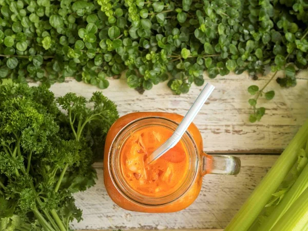 Carrot juice, greens, vegetables — Stock Photo, Image