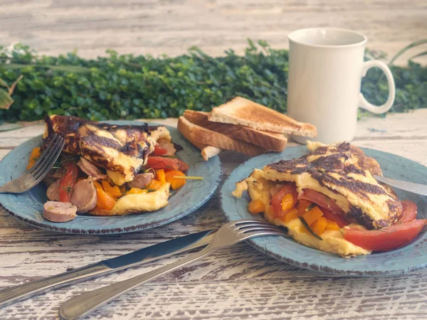 Omelet, Roerei, Ontbijt, koffie toast — Stockfoto