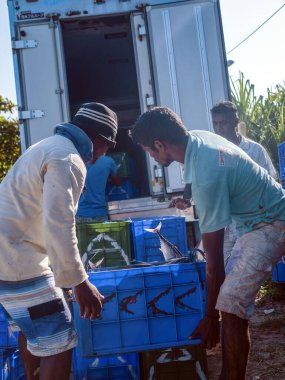 10 Aralık 2019, Hikkaduwa, Sri Lanka. Balıkçılar ağları ve tekneleri söküyorlar. Balıkçıların hayatı..