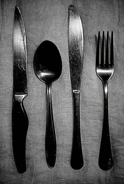 Fork, knife and spoon lie on the tablecloth
