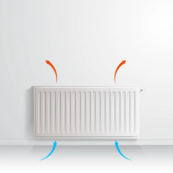 Radiador de calefacción en pared blanca con flecha que muestra la circulación de aire, vista frontal . — Vector de stock
