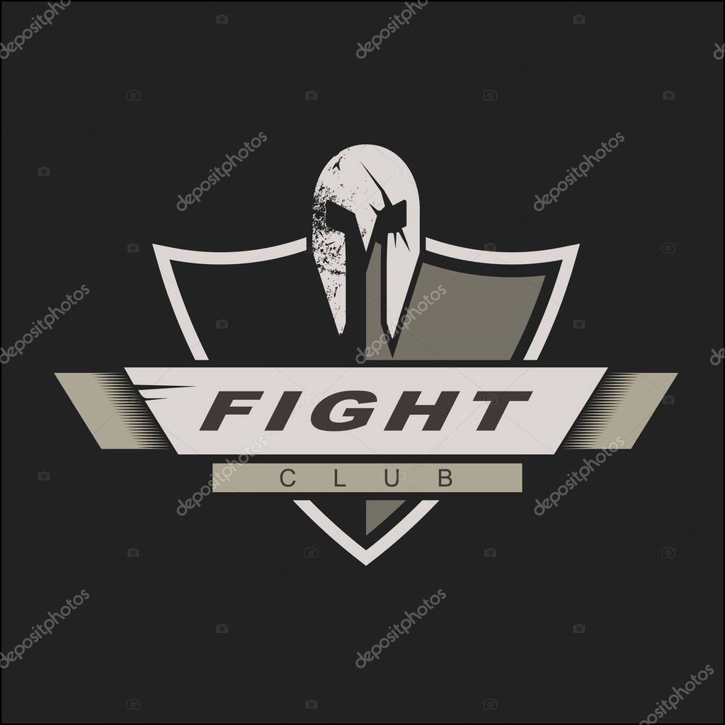 Logo template with spartan helmet and shield. Fight club logo design. Vector Illustration.