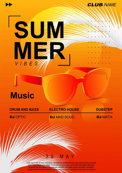 Design de capa de música eletrônica para Summer Fest ou DJ Party Flyer. Cartaz de música de verão com óculos de sol e folhas de palma . — Vetor de Stock