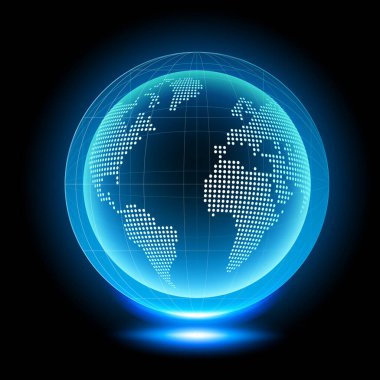 Kıta ile holografik dünya. Bilgisayar hologram Iş Internet arka plan. Vektör görüntüsü.