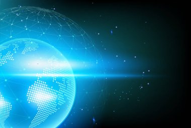 Kıta ile holografik dünya. Bilgisayar hologram Iş Internet arka plan. Vektör görüntüsü.