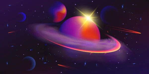 Uzayın geniş vektör çizimi. Gezegenler ve yıldızlarla dolu bir arka plan. Uzay keşfi. Gradyan Sıvı Tasarımı.