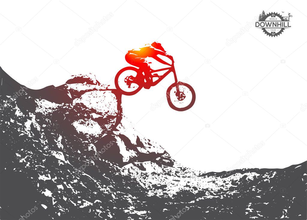 Jumping from hill on the bike. Mountain biking, downhill, freeride, extreme sport illustration. Vector Silhouette.