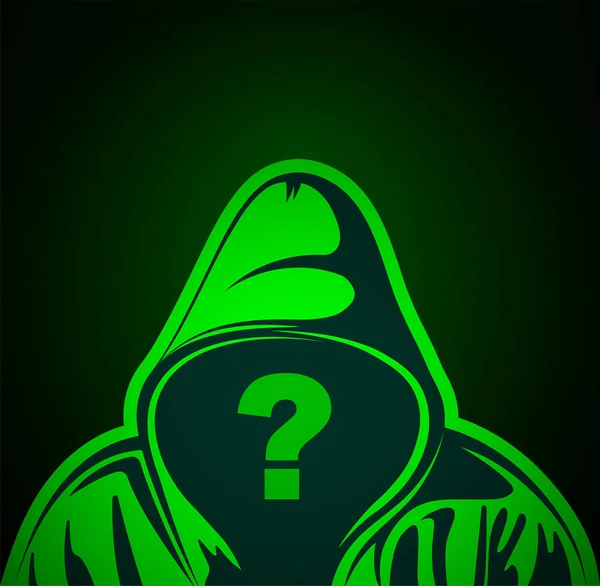 Yüzünde soru işareti olan kapüşonlu bir adam. Anonim ya da bilgisayar korsanı. Kim bu Vektör çizimi?.