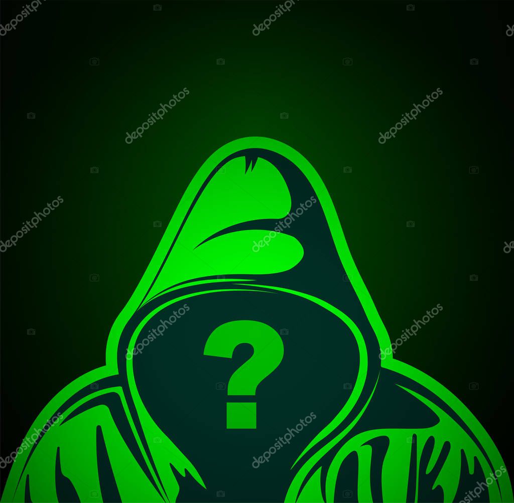 Hooded man with question mark on place of face. Anonymous or hacker person. Who is this person