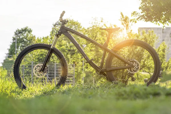 Modern bicycle. Black mountain bike at sunset. Trail bike. Hardtail enduro mtb. — Stock Photo, Image