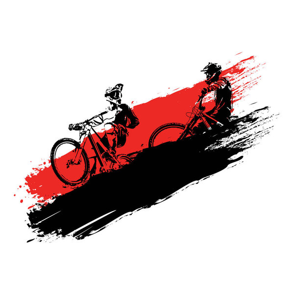 Downhill mountain biking illustration Silhouettes of mountain bikers. Grunge style.