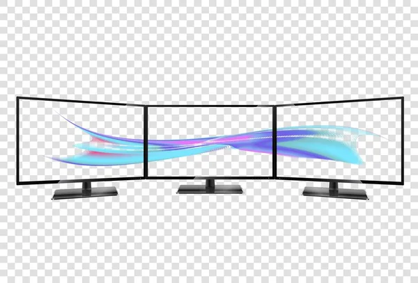 Drei-Monitor-Setup. Super Widescreen. mehrere Monitore. 3 Monitore Seitenverhältnis 16 9. Mehrfachtapete auf transparenten Bildschirmen. — Stockvektor