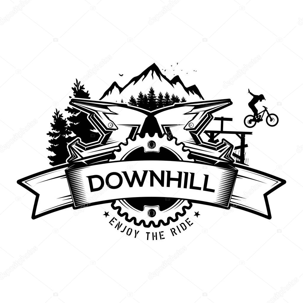 Downhill mountain biking. The emblem of the bicycle and the mountains. Concept for shirt or logo, print, stamp or tee.