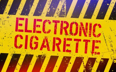 Sarı ve siyah çizgili tehlike işareti üzerine elektronik sigara yazısı. Elektronik e-sigara uyarı işareti.