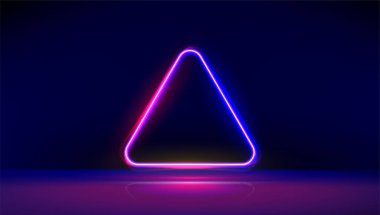 Yuvarlak köşeli neon ışıklı üçgen, yerde yansımalar var. Metin için yeri olan modern neon ışıklar psikedelik arkaplan. Vektör İllüstrasyonu.