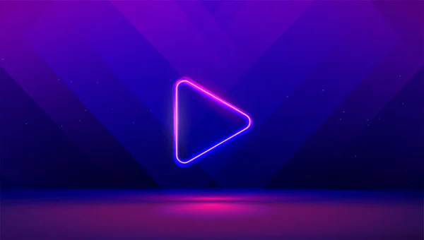 Odtwórz przycisk na abstrakcyjnym fioletowym i niebieskim tle. Multimedia, audio, wideo, kino, muzyka abstrakcyjne tło z neonowym świecącym trójkątem Play Icon. Wizerunek wektora. — Wektor stockowy