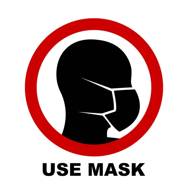 Siluet kepala dengan topeng medis di wajah dalam lingkaran merah. Pakai pelindung masker tanda peringatan. Ilustrasi Vektor . - Stok Vektor