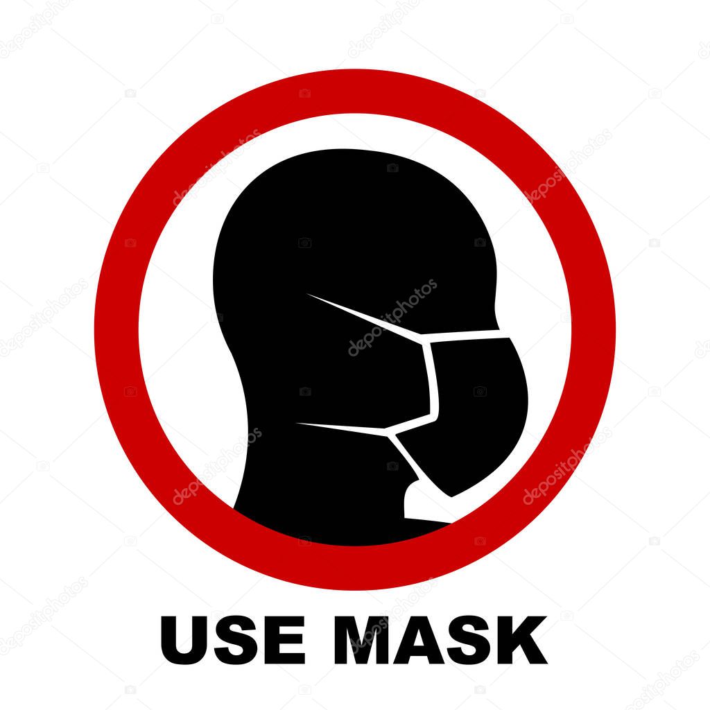 Silhouette of head with medical mask on face in red circle. Wear protective mask warning sign. Vector Illustration.