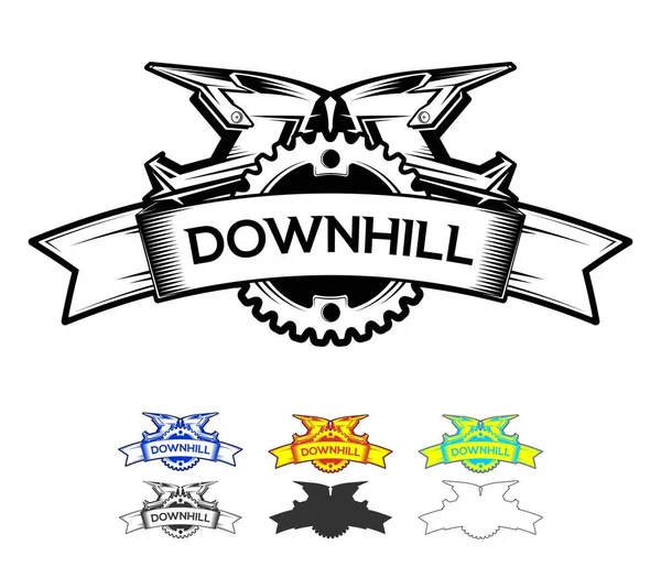 Downhill Motocros Etiket Tasarımı. Logo tasarımı, zincir halkası ve tam yüz kaskları. Yokuş aşağı, Freeride, Enduro, MTB. Vektör Simgelemesi.