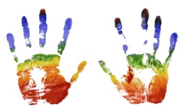 The imprint of the two hands of the rainbow colors, gouache, freedom clipart