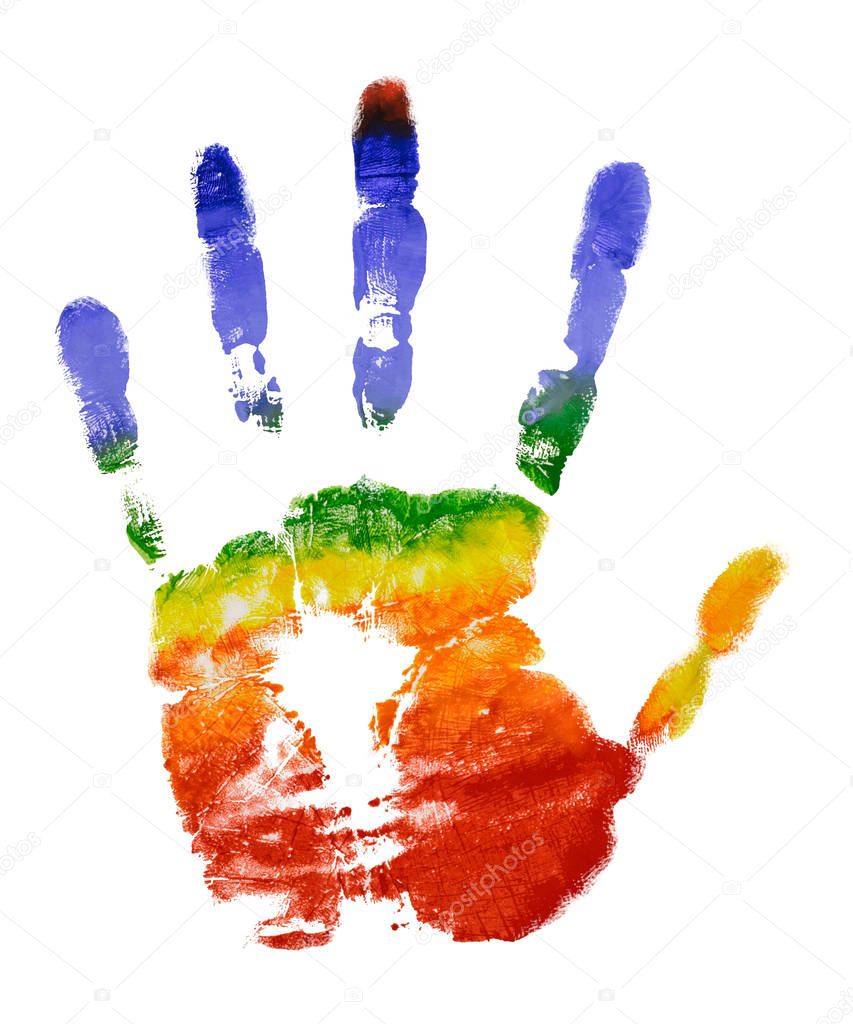 Rainbow colorful left hand print isolate on white background