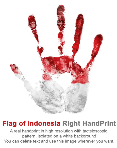 인도네시아의 국기의 색상에 오른 팔 인쇄물 빨간색과 흰색 색상에 손 자국 오른쪽 팜. — 스톡 사진