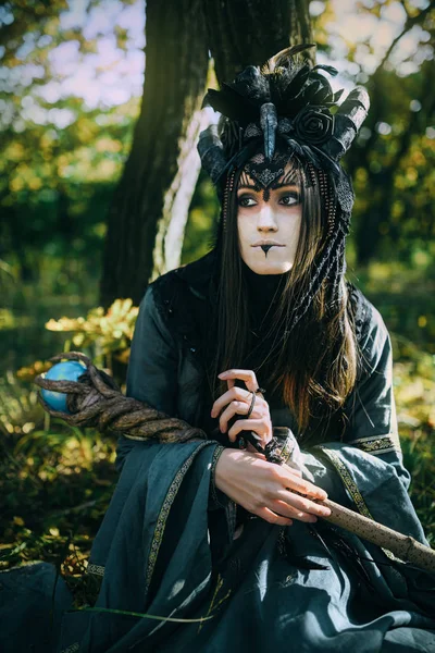 Woman-shaman with horns — Stock Photo, Image