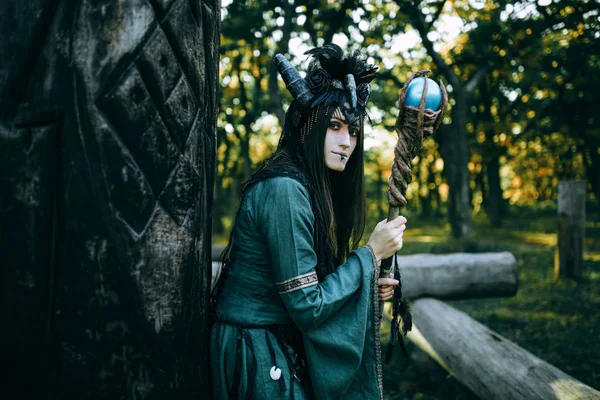 Woman-shaman with horns — Stock Photo, Image