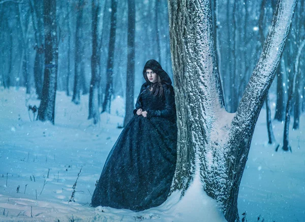 Νεαρή κοπέλα περπάτημα στο δάσος του χειμώνα — Φωτογραφία Αρχείου