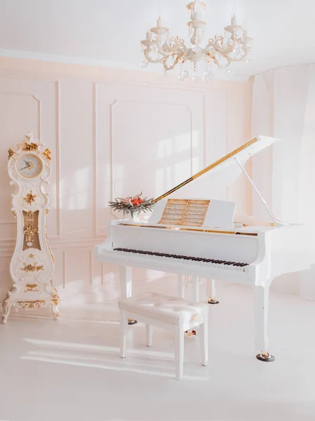 エレガントなインテリアで真っ白なグランド ピアノの立っています。 — ストック写真