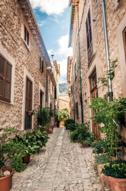 Tipik dar köy saksı içinde cepheler ile sokak. Valldemossa Köyü, Majorca, İspanya.