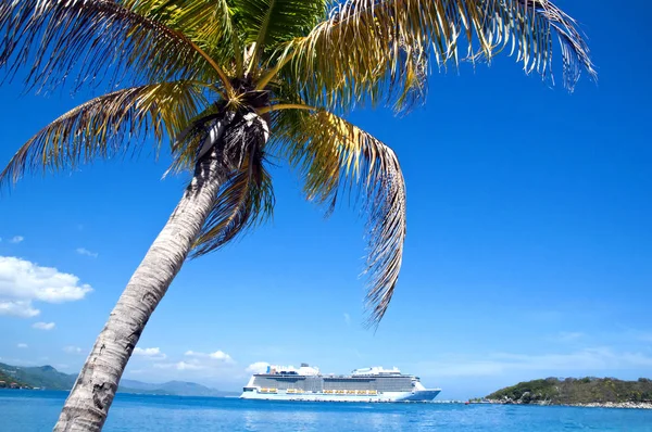 Cruise ship in the sea near the tropical island with palm tree in the front. — Stock Photo, Image