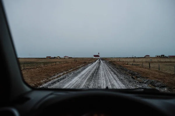 Driving Straight Dirt Road Church Iceland — Stock Photo, Image
