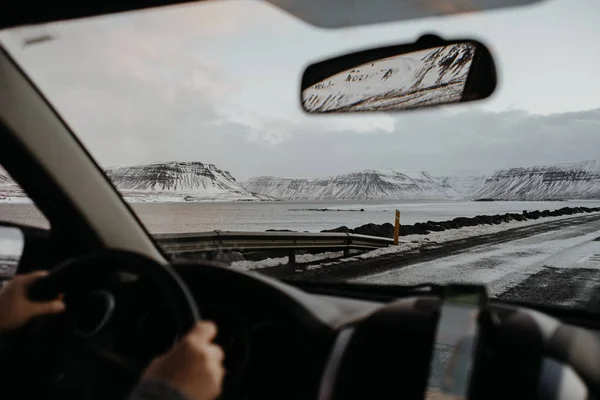 Looking Icelandic Landscape Front Window Car — Stock Photo, Image