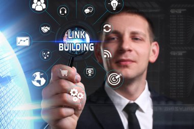 Ekonomi, teknoloji, Internet ve ağ kavramı. Genç busine