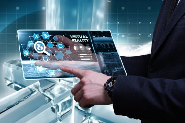 Ekonomi, teknoloji, Internet ve ağ kavramı. Genç busine