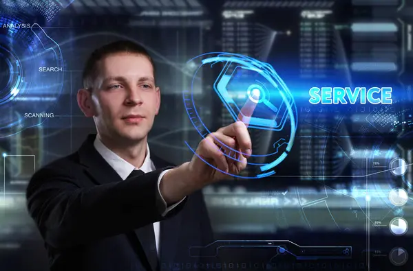 Ekonomi, teknoloji, Internet ve ağ kavramı. Genç busine