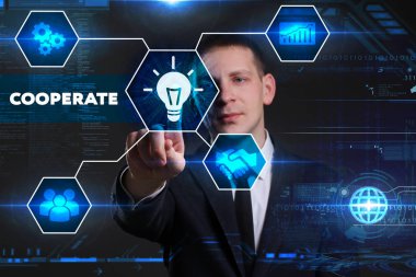 Ekonomi, teknoloji, Internet ve ağ kavramı. Genç busine